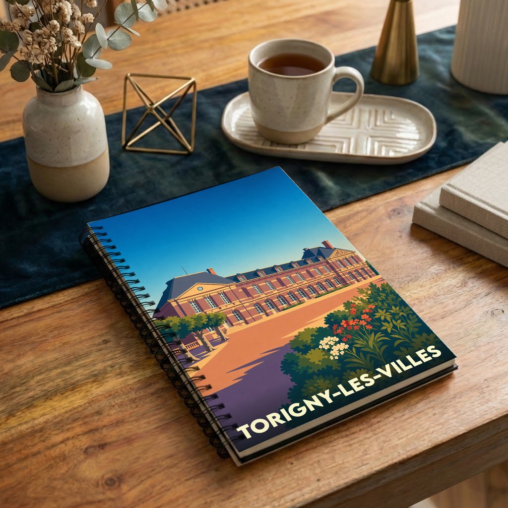 Carnet souvenir de la ville de Torigny-les-Villes avec une illustration stylisée de son château.