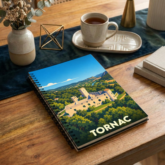 Carnet à spirales souvenir de la ville de Tornac avec une illustration stylisée de son château médiéval.