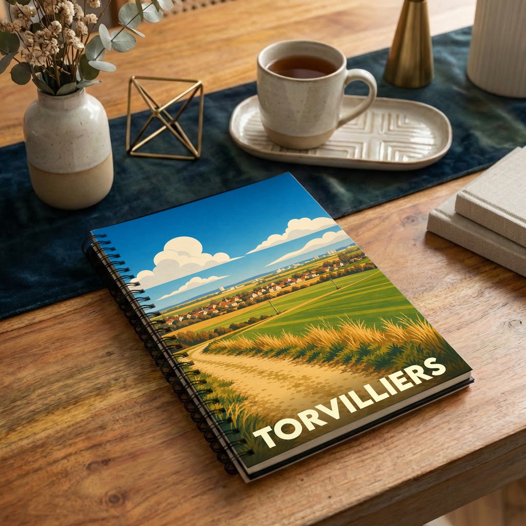 Carnet à spirales souvenir de la ville de Torvilliers avec une illustration stylisée de paysages champêtres.