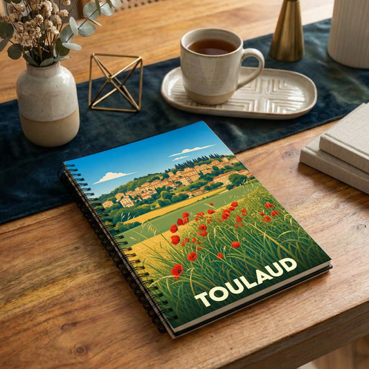 Carnet souvenir de la ville de Toulaud avec une illustration stylisée d'un paysage provençal.