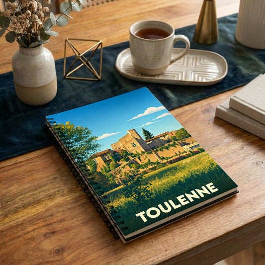 Carnet à spirale souvenir de la ville de Toulenne avec une illustration stylisée de son patrimoine.