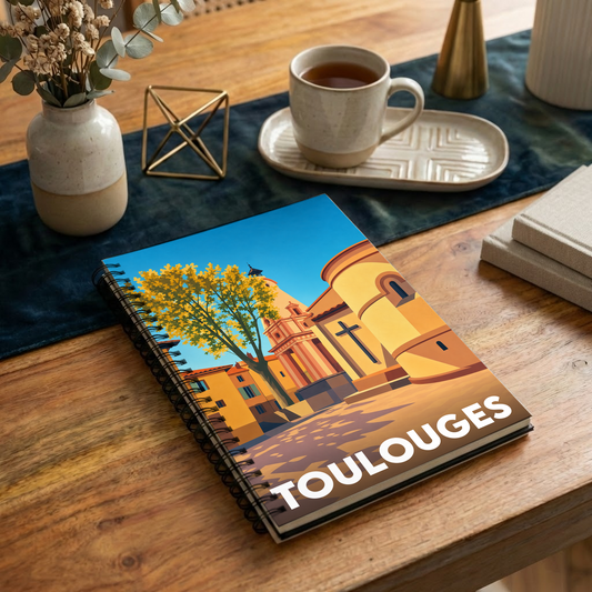 Carnet souvenir de la ville de Toulouges avec une illustration stylisée.