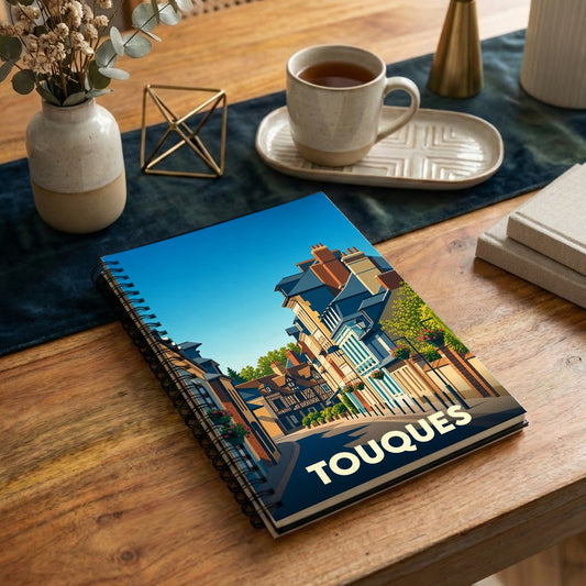 Carnet souvenir de la ville de Touques avec une illustration stylisée de ses maisons à colombages.