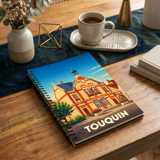 Carnet à spirales souvenir de la ville de Touquin avec une illustration stylisée de son hôtel de ville.