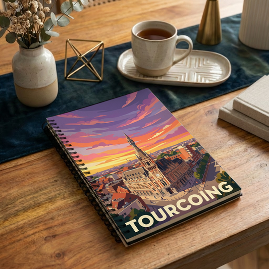 Carnet souvenir de la ville de Tourcoing avec une illustration stylisée et colorée au coucher du soleil.