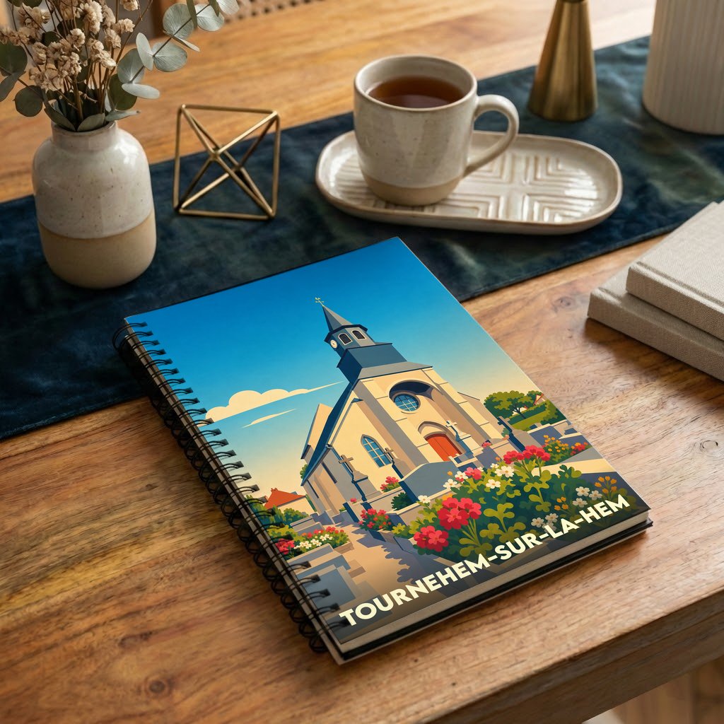 Carnet souvenir de la ville de Tournehem-sur-la-Hem avec une illustration stylisée de son église fleurie.