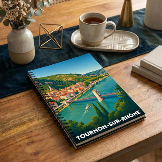 Carnet à spirales souvenir de la ville de Tournon-sur-Rhône avec une illustration stylisée de son pont et du Rhône.