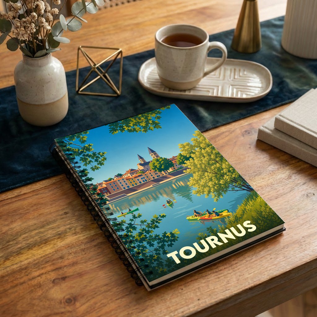 Carnet à spirales souvenir de la ville de Tournus avec une illustration stylisée des bords de Saône.