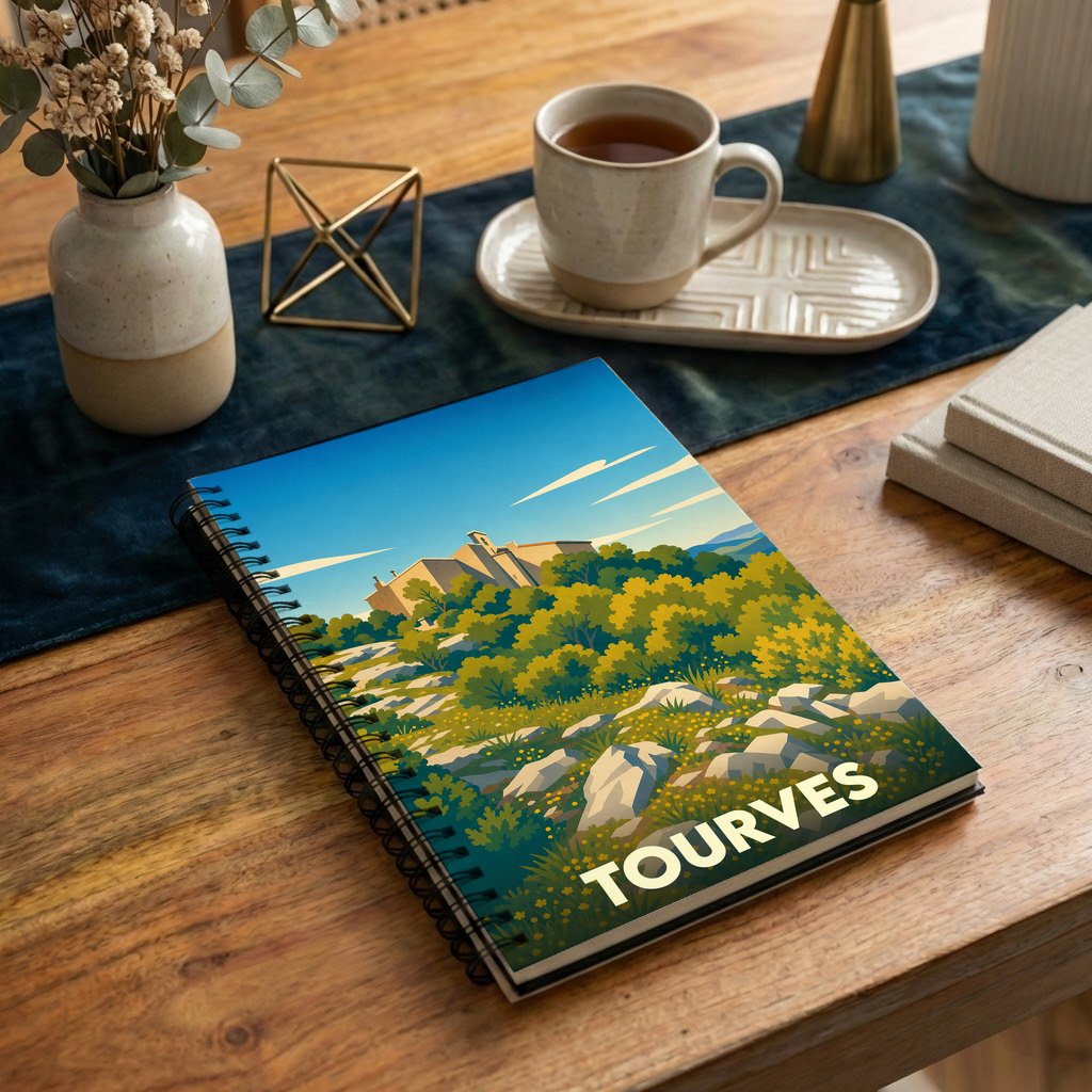 Carnet souvenir de la ville de Tourves avec une illustration stylisée de son paysage et de son château.