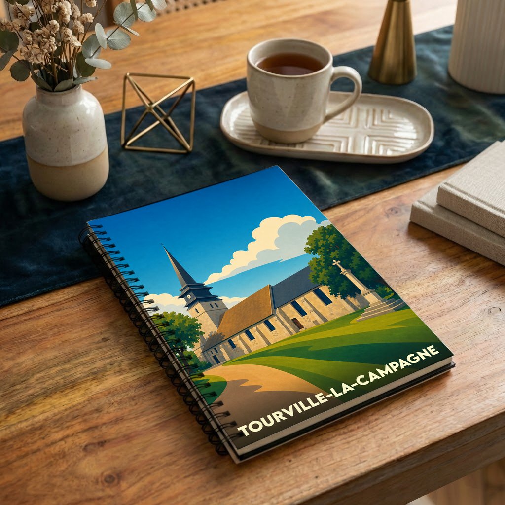 Carnet à spirales souvenir de la ville de Tourville-la-Campagne avec une illustration stylisée de son église.