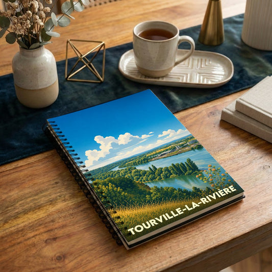 Carnet à spirales souvenir de Tourville-la-Rivière avec une illustration paysagère stylisée.