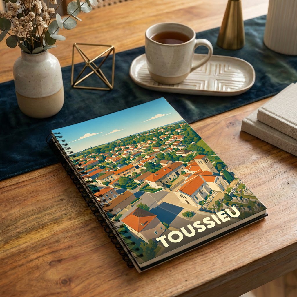 Carnet de notes à spirales souvenir de la ville de Toussieu avec une illustration paysagère stylisée.