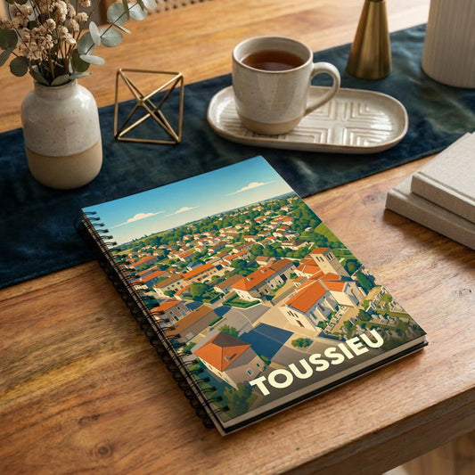 Carnet de notes à spirales souvenir de la ville de Toussieu avec une illustration paysagère stylisée.