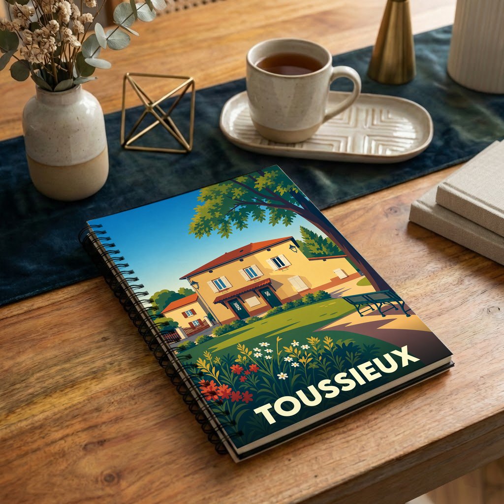 Carnet de notes souvenir de la ville de Toussieux illustré par un dessin stylisé de sa mairie.