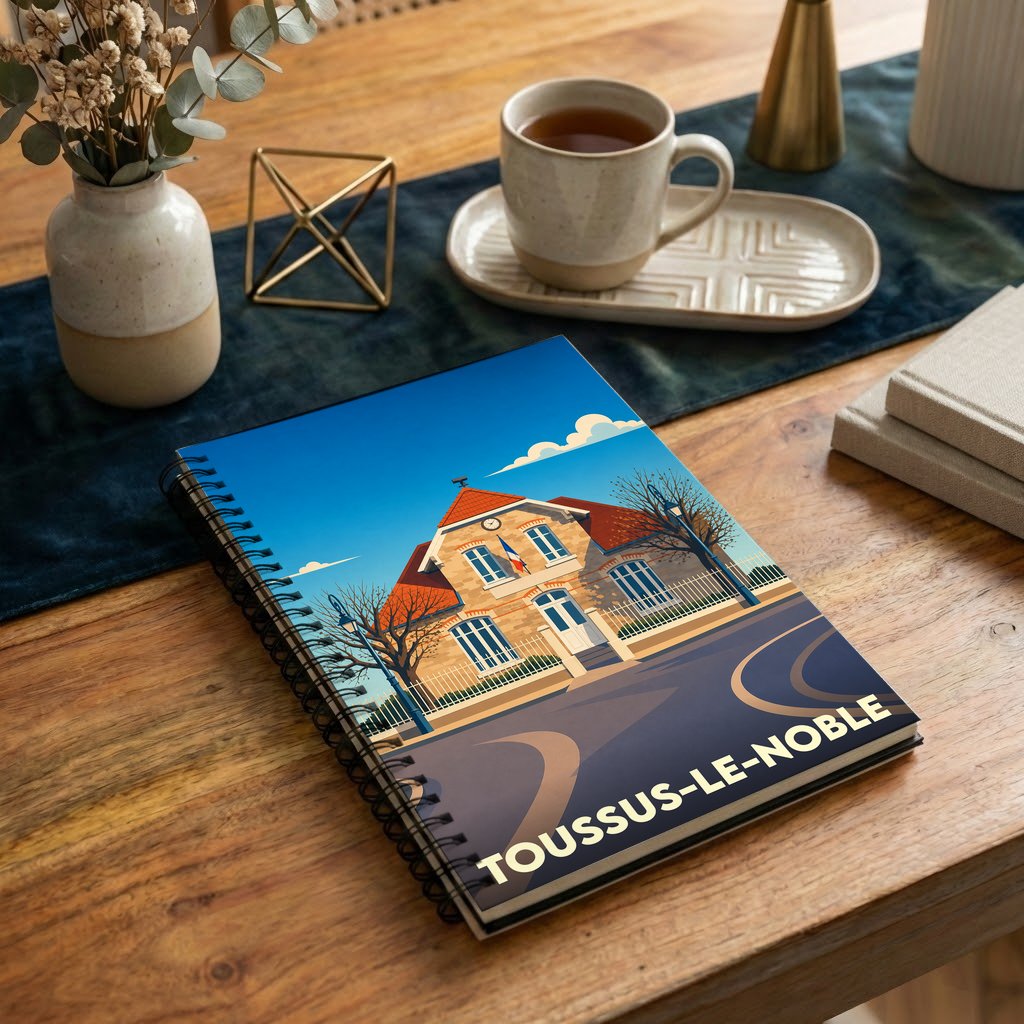 Carnet à spirales souvenir de la ville de Toussus-le-Noble avec une illustration stylisée de sa mairie.