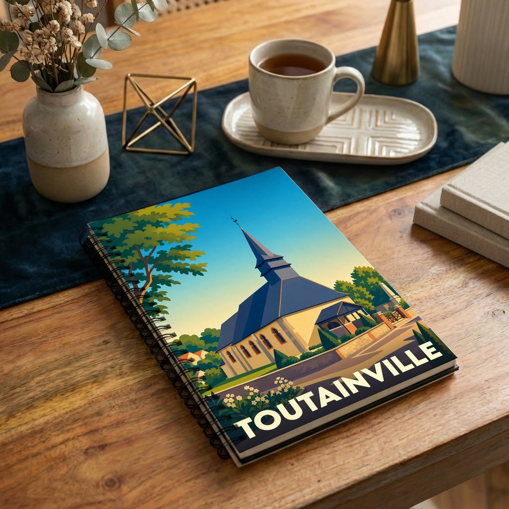 Carnet à spirales souvenir de la ville de Toutainville avec une illustration stylisée de son église.