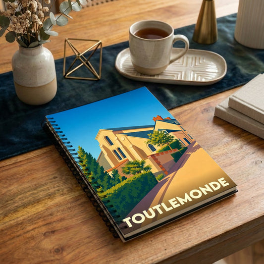 Carnet de notes souvenir de la ville de Toutlemonde avec une illustration stylisée et colorée.