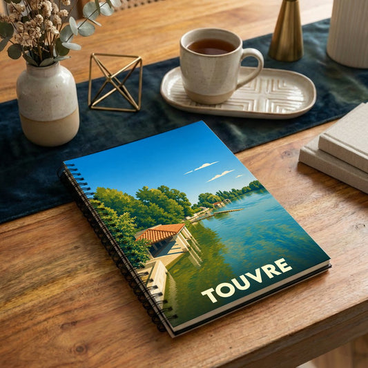 Carnet souvenir de la ville de Touvre avec une illustration stylisée de ses bords de rivière.