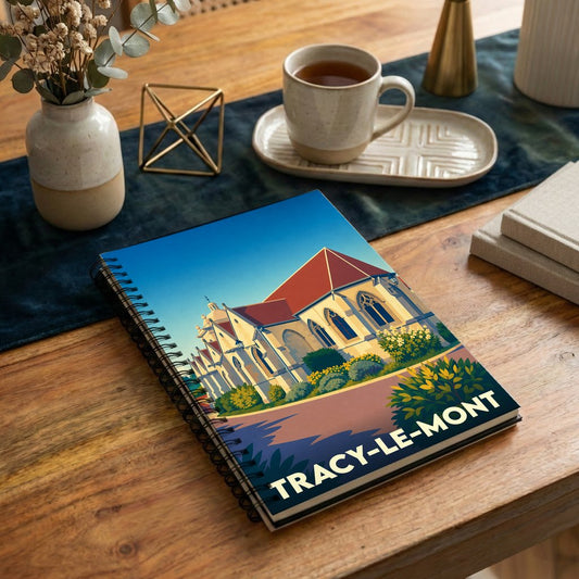 Carnet à spirales souvenir de la ville de Tracy-le-Mont avec une illustration stylisée de son église.