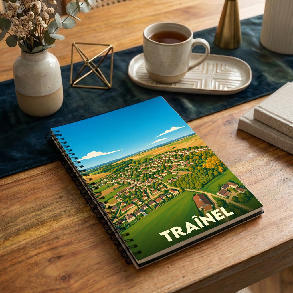 Carnet souvenir à spirales de la ville de Traînel avec une illustration stylisée d'un paysage aérien.
