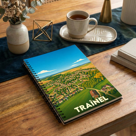Carnet souvenir à spirales de la ville de Traînel avec une illustration stylisée d'un paysage aérien.