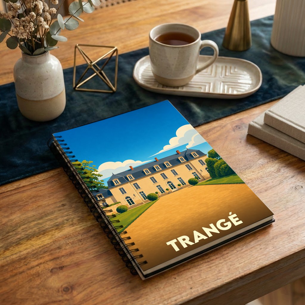 Carnet à spirales souvenir de la ville de Trangé avec une illustration stylisée d'un château.