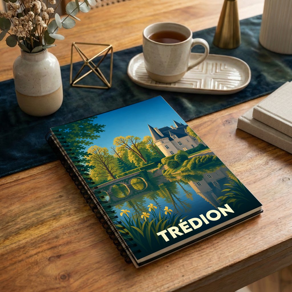 Carnet souvenir de la ville de Trédion avec une illustration stylisée d'un château et son reflet sur l'eau.