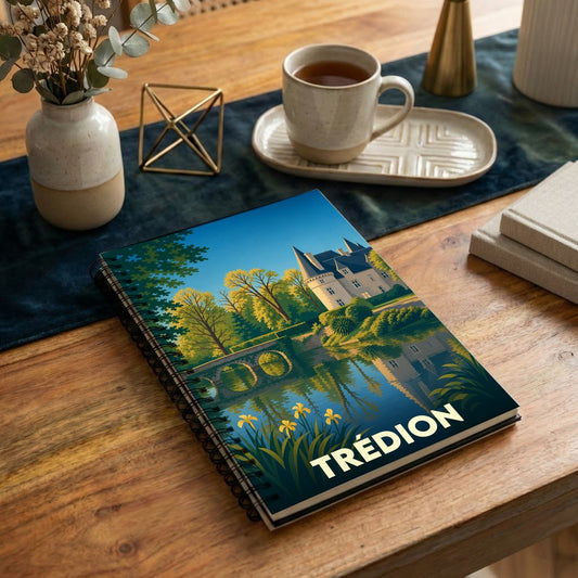 Carnet souvenir de la ville de Trédion avec une illustration stylisée d'un château et son reflet sur l'eau.