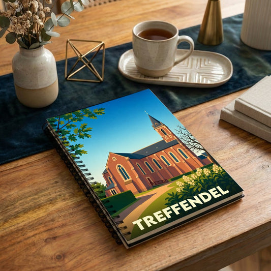 Carnet à spirales souvenir de la ville de Treffendel avec une illustration stylisée de son église.