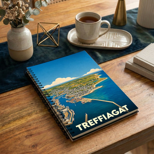 Carnet à spirales souvenir de la ville de Treffiagat orné d'une illustration stylisée de son port vue du ciel.