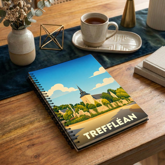 Carnet à spirales souvenir de la ville de Treffléan illustré d'un paysage stylisé.