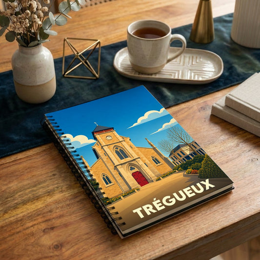 Carnet souvenir de la ville de Trégueux avec une illustration stylisée d'une église sous un ciel bleu.