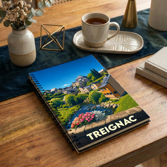 Carnet souvenir de la ville de Treignac orné d'une illustration colorée et stylisée de ses paysages.