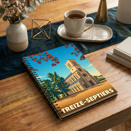 Carnet souvenir de la ville de Treize-Septiers avec une illustration stylisée de son église.