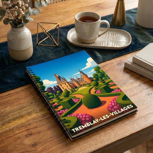 Carnet de notes à spirales souvenir de la ville de Tremblay-les-Villages avec une illustration stylisée de son château et de ses jardins.