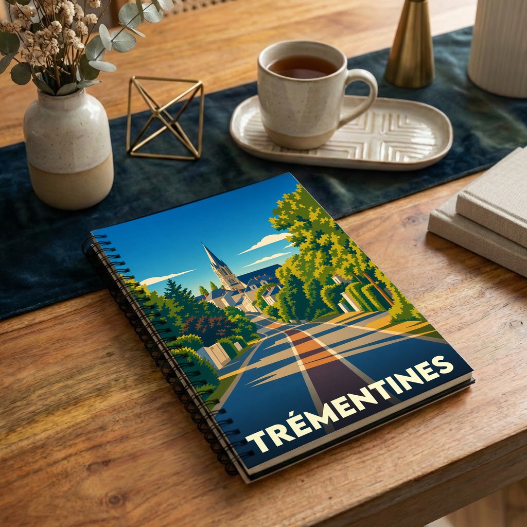 Carnet à spirales souvenir de la ville de Trémentines avec une illustration stylisée et colorée.