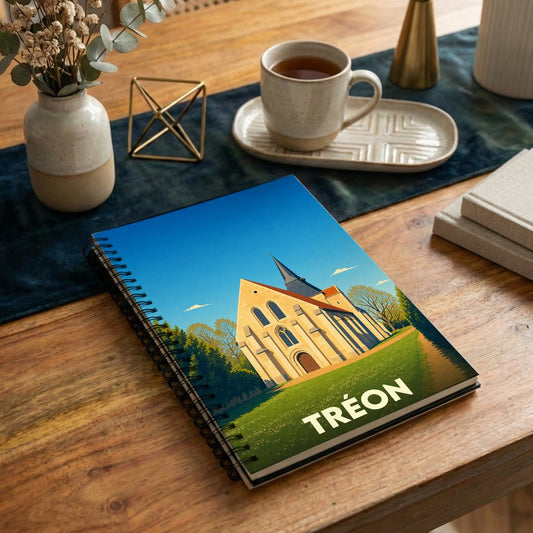 Carnet souvenir de la ville de Tréon illustré par un dessin stylisé de son église.