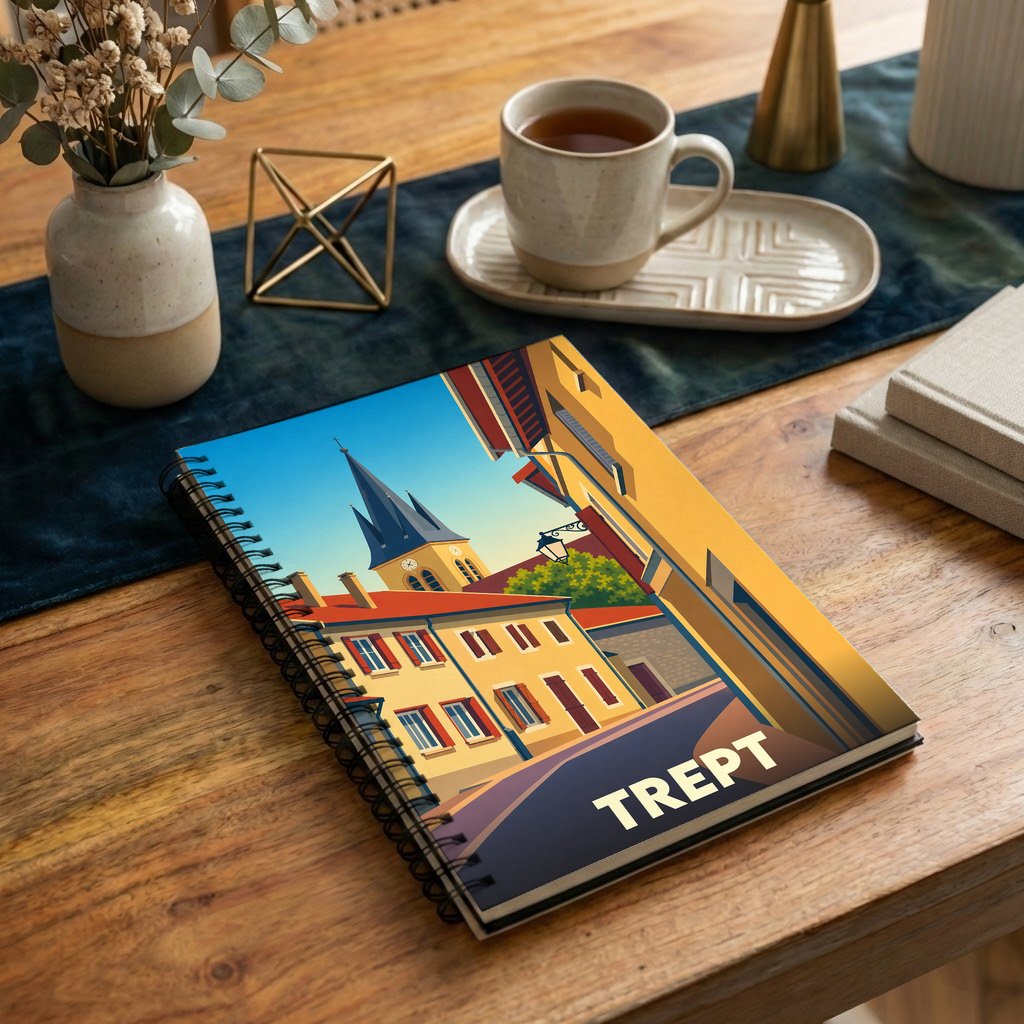 Carnet à spirales souvenir de la ville de Trept avec une illustration stylisée.