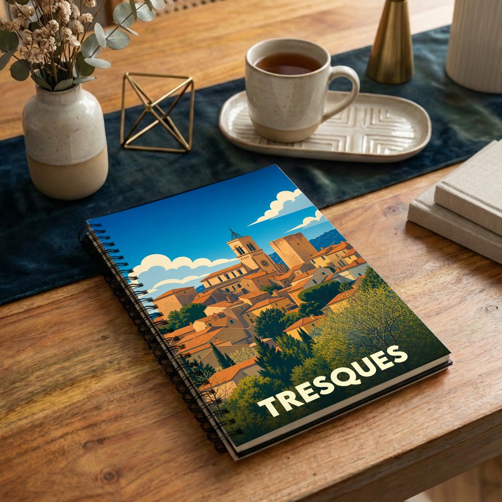 Carnet de notes souvenir de la ville de Tresques avec une illustration stylisée de son village perché.