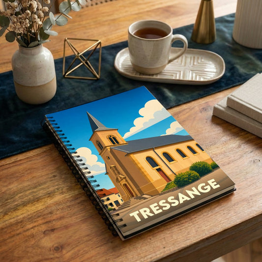 Carnet souvenir de la ville de Tressange avec une illustration stylisée de son église.