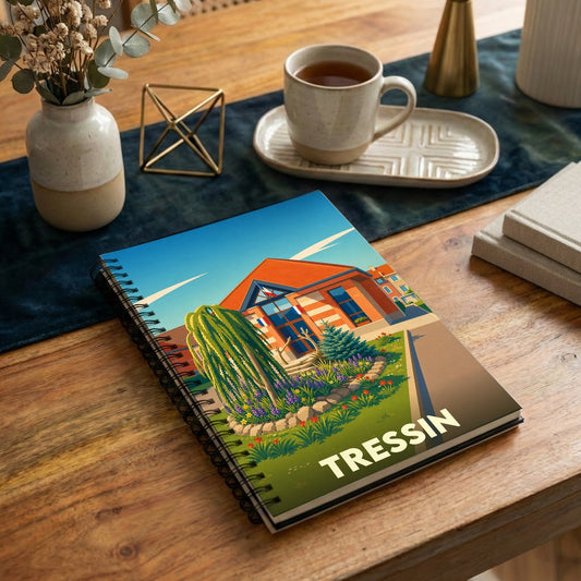Carnet à spirales souvenir de la ville de Tressin avec une illustration stylisée de son hôtel de ville.
