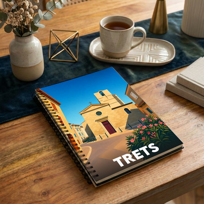 Carnet souvenir de la ville de Trets avec une illustration stylisée de son église provençale.