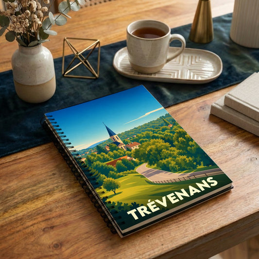Carnet à spirales souvenir de la ville de Trévenans avec une illustration paysagère stylisée.