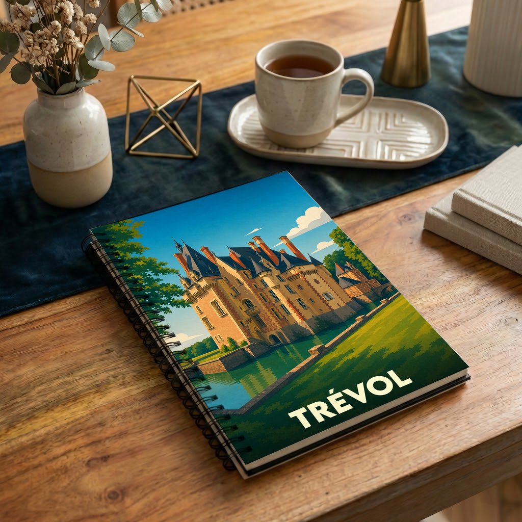 Carnet souvenir de la ville de Trévol avec une illustration stylisée d'un château.