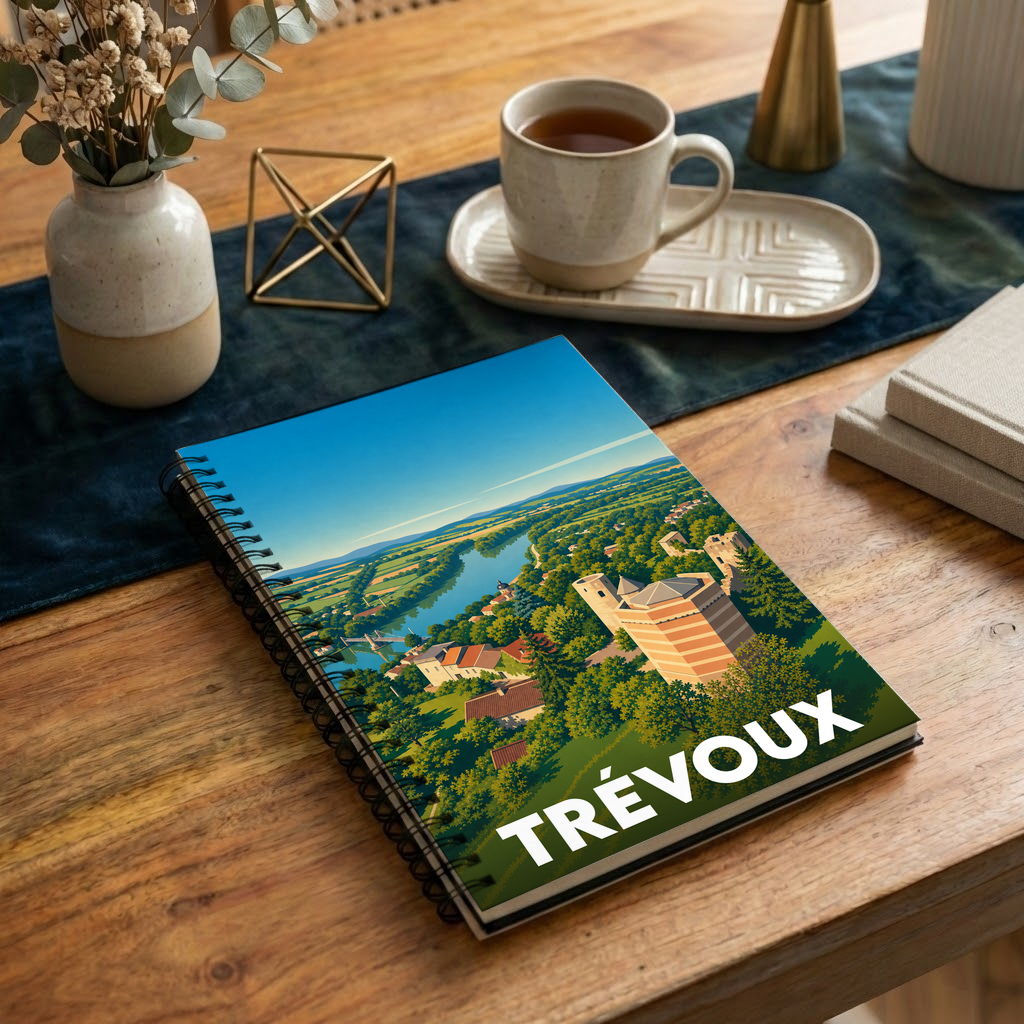 Carnet à spirale souvenir de la ville de Trévoux avec une illustration stylisée de ses paysages et monuments.
