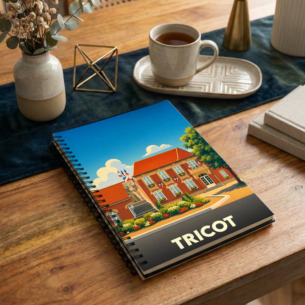 Carnet souvenir de la ville de Tricot avec une illustration stylisée d'un bâtiment historique.