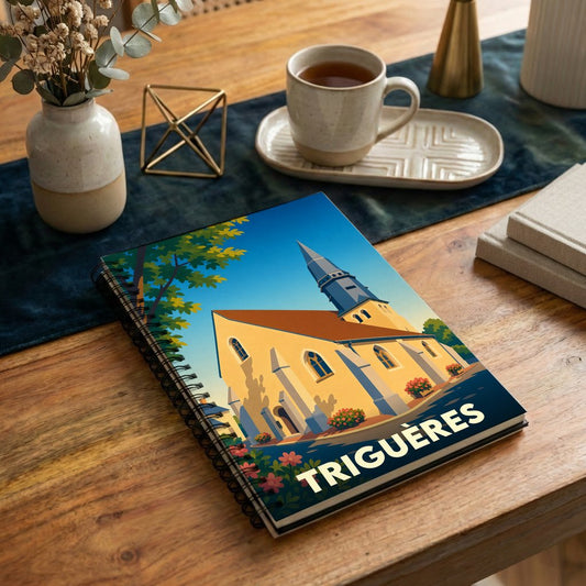 Carnet souvenir de la ville de Triguères illustré d'une église de style vintage.