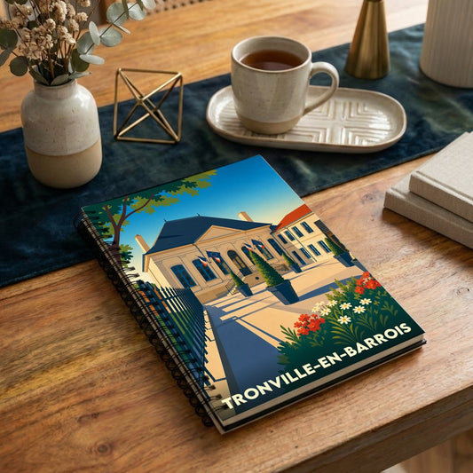 Carnet à spirales souvenir de la ville de Tronville-en-Barrois avec une illustration stylisée.