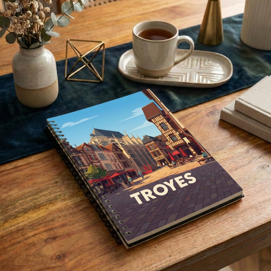 Carnet souvenir de la ville de Troyes avec une illustration stylisée de son architecture.