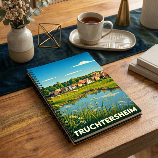 Carnet à spirales souvenir de la ville de Truchtersheim avec une illustration stylisée de son paysage champêtre.